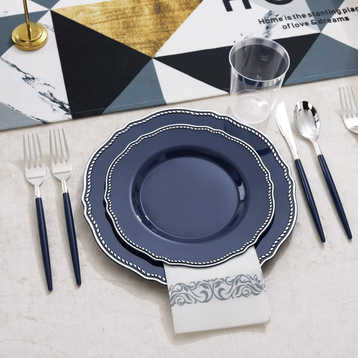 175Pcs Blue Plastic Plates&Silver Plastic Silverware with Blue Handle Include 25Dinner Plates,25Dessert Plates 25Knives,25Forks,25Spoons,25Cups,25Napkins for Independence Day&Weddings&Party
