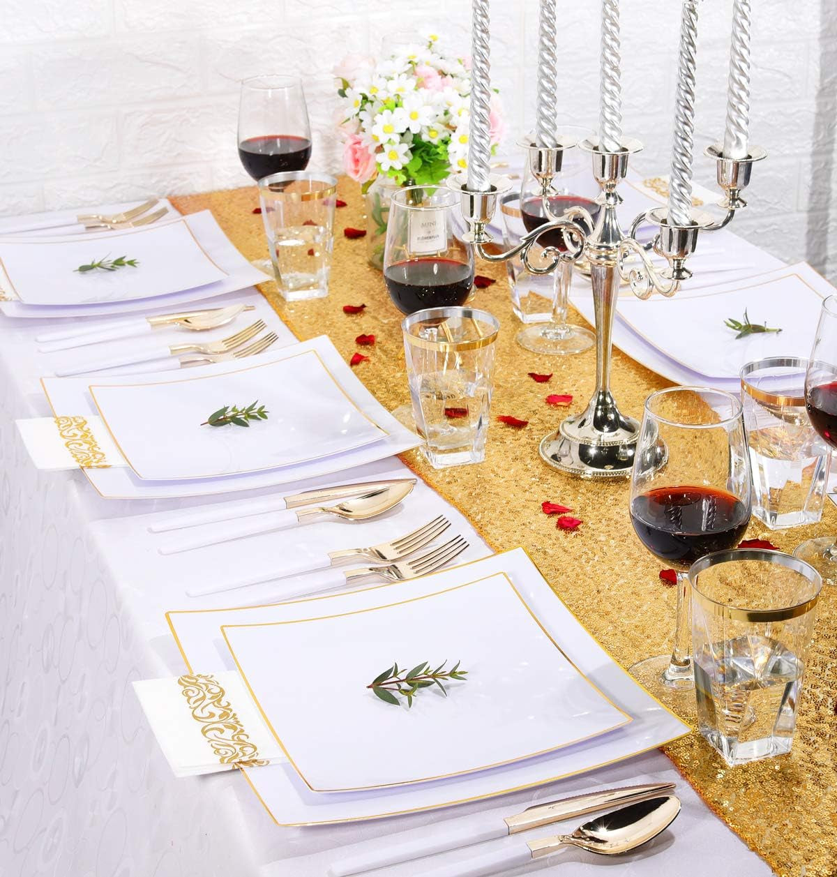 140Pcs White Square Plastic Plates with Gold Rim - Gold Disposable Plates Includes: 40 Plates, 60 Gold Plastic Silverware with White Handle, 20 Cups, 20 Napkins for Wedding & Party