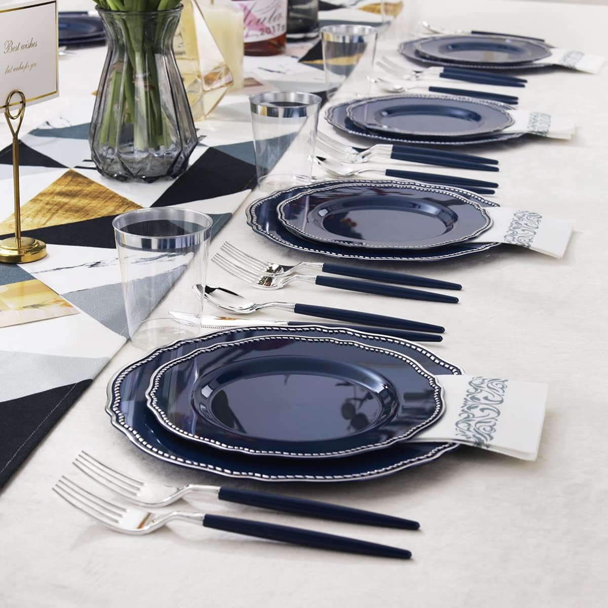 175Pcs Blue Plastic Plates&Silver Plastic Silverware with Blue Handle Include 25Dinner Plates,25Dessert Plates 25Knives,25Forks,25Spoons,25Cups,25Napkins for Independence Day&Weddings&Party