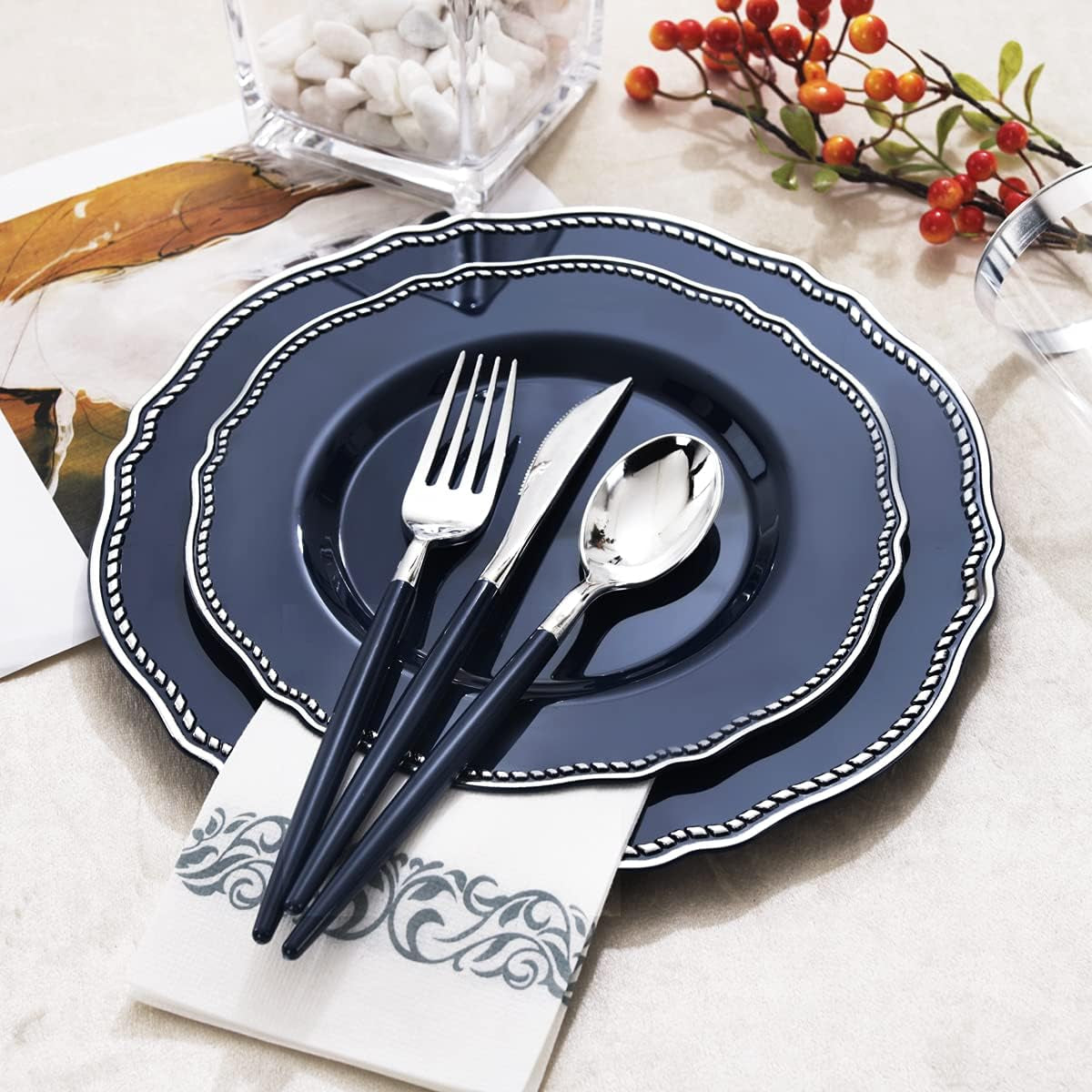175Pcs Blue Plastic Plates&Silver Plastic Silverware with Blue Handle Include 25Dinner Plates,25Dessert Plates 25Knives,25Forks,25Spoons,25Cups,25Napkins for Independence Day&Weddings&Party
