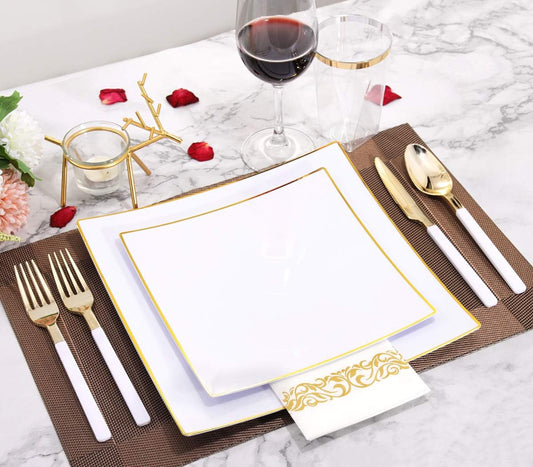 140Pcs White Square Plastic Plates with Gold Rim - Gold Disposable Plates Includes: 40 Plates, 60 Gold Plastic Silverware with White Handle, 20 Cups, 20 Napkins for Wedding & Party